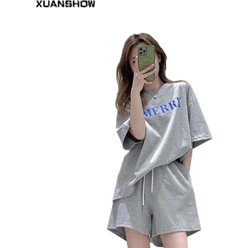 XUANSHOW Summer Shorts Sets Women 2021 Cotton Letters Loose Casual Two-piece Sportswear Suit