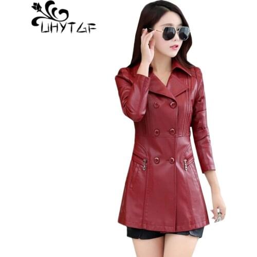 UHYTGF Women leather jacket Mid-length slim autumn winter leather jackets Double-breasted elegant Female coats 4XL Plus size 410