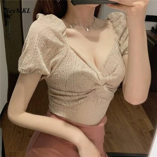 Women Summer Lace Blouse 2021 Fashion Puff Sleeve V Neck Casual Ladies Tops Transparent Korean Sexy White Black Short Crop Top