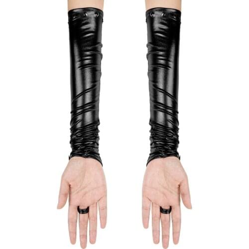 Ladies Wetlook Metallic Fingerless Latex Gloves with Rivets Elastic Shiny Arm Warmers Long Gloves for Night Club Party Dancewear