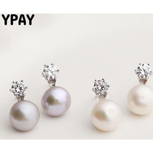 YPAY 100% Genuine 925 Sterling Silver Stud Earrings for Women Korea Freshwater Pearl Zircon Earring Fine Party Jewelry YME625