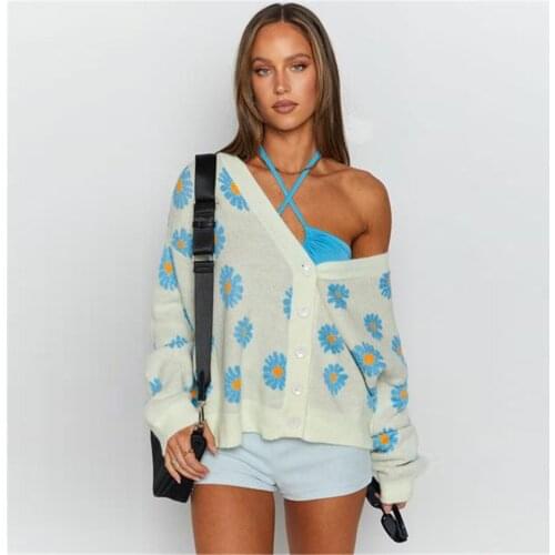 Autumn Floral Sweater Cardigans 2021 Fall V-Neck Loose Floral Printing Single Breasted Buttons Knitted Cardigans Women Sweater