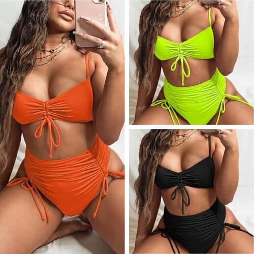 Women’s Solid Color 2Pcs Bikini Suit Pleated Inner Drawstring Low Neck Tank Tops and High Waist Bottoms Beach Wear