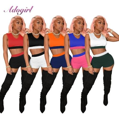 Women Summer Workout Tracksuit Fitness Color Patchwork V Neck Sleeveless Vest Crop Tops Biker Shorts Pants Jogger Two Piece Sets