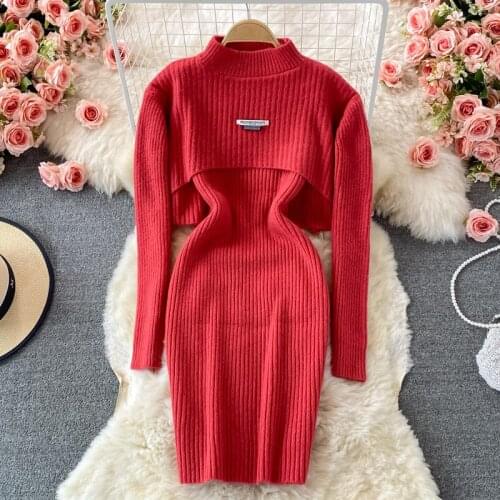 Women Knit Two Piece Set Autumn Winter Clothing Sets Stand Collar Long Sleeve Cropped Sweater Top + Mini Bodycon Dress Suits