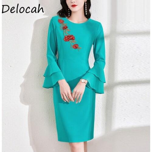 Delocah New 2021 Autumn Women Fashion Runway Designer Midi Dress Flare Sleeve Gorgeous Crystal Beading Blue Print Pencil Dresses