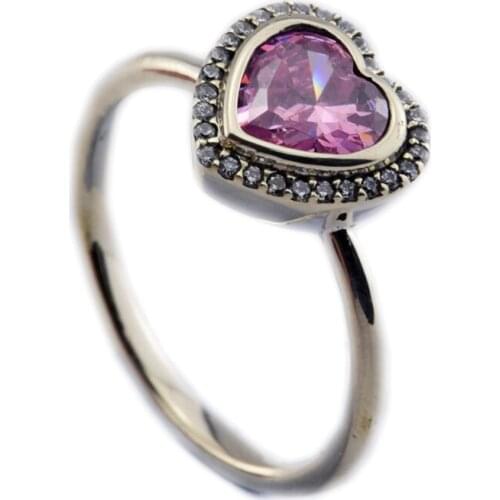 100% 925 Sterling-Silver-Jewelry Heart Rings with Pink Cubic Zirconia Free Shipping