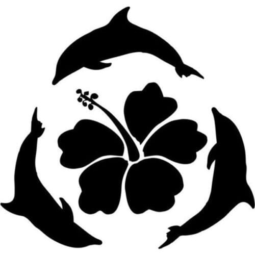 14.2cm*13.6cm Swimming Dolphins Hibiscus Flower Hawaii Vinyl Car Sticker