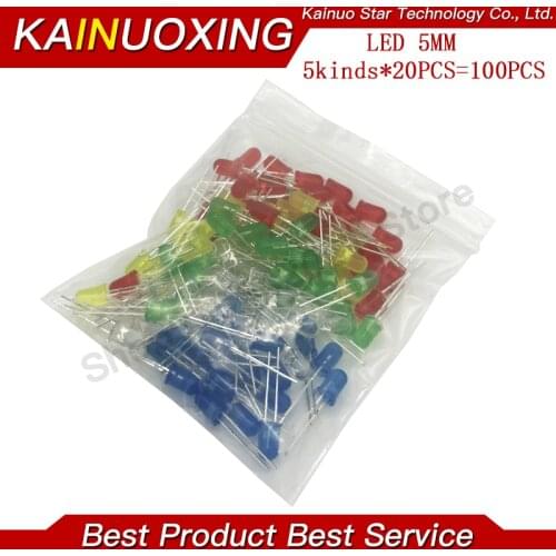 5kind X20pcs=100pcs 5mm LED Light Assorted Kit DIY LEDs Set White Yellow Red Green Blue 5kinds X 20pcs