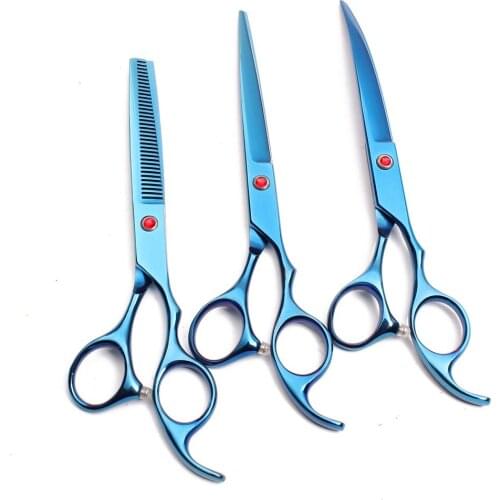 7" Japan Stainless Engraving Logo Blue Grooming Scissors Straight Scissors Thinning Shears Dog Curved Scissors Pets Shears C3003
