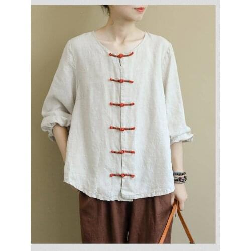 New Arrival Spring Arts Style Women Long Sleeve O-Neck Shirts Cotton Linen Vintage Button Loose Blouses Femme Blusas Mujer