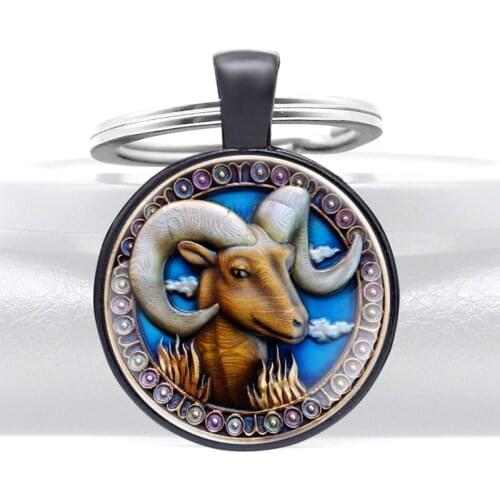 Twelve constellations Aries Design Glass Dome Charm Keychains Men Women Keyring Jewelry Gifts