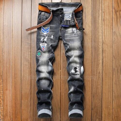 European American Style New Mens Slim Stretch Jeans Blue Black Ripped Hole Badge Patch Denim Pants Streetwear Male Clothing