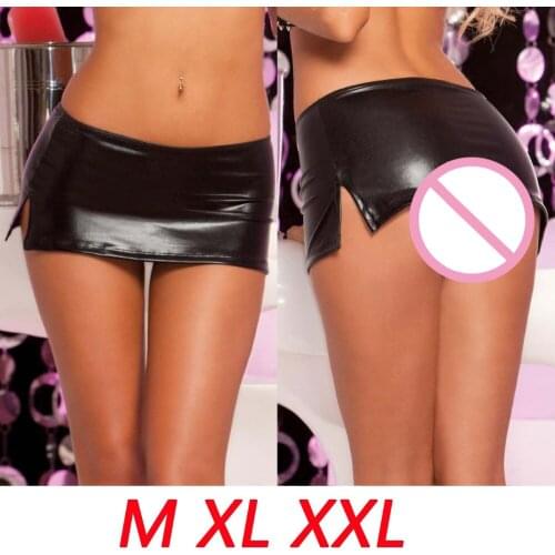 Plus Size Elastic Mini Skirt PU Faux Leather Skirt High Side Split Pencil Mini skirt Low Waist Sexy Night Club Bar Fantasy Skirt