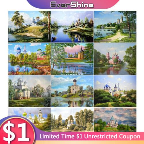 EverShine 5D Diamond Embroidery Church Summer Scenic Diamond Painting Full Square Landscape Picture Rhinestones Mosaic Handmade