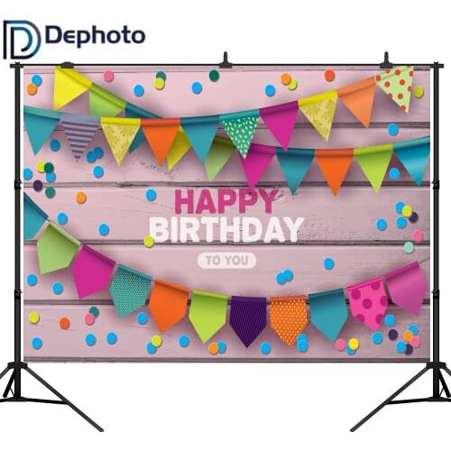 DePhoto Happy Birthday Colored Flag Wooden Board Photographic Backgrounds Customized Photography Backdrops For Photo Studio