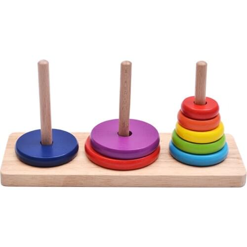 Stacked Hanoi Tower Toys Rainbow Wood Educational Puzzles Classic Mathematical Happy Birthday Gift