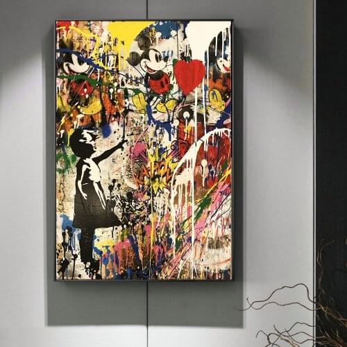 Girl Holding A Balloon Disney Mickey Mouse Wall Graffiti Art Prints Street Art Canvas Paintings on The Wall Pictures Home Decor