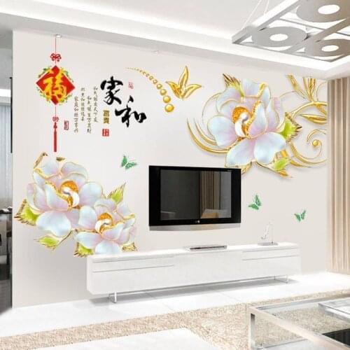 Chinese Style 3D Flowers Wall Stickers Sofa TV Backdrop Wall Decal Home Decor Living Room Bedroom Removable Wallpaper