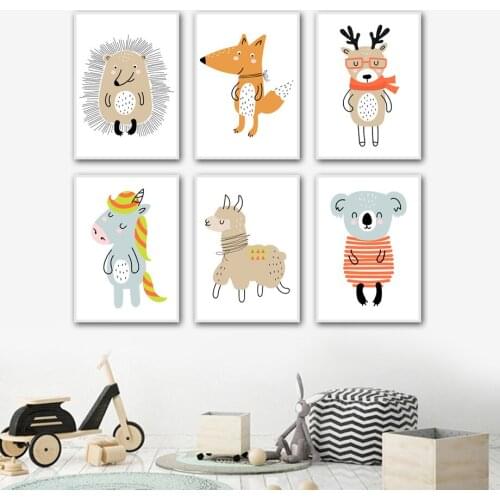 Cute Cartoon llama Hedgehog Fox Deer Koala Wall Art Canvas Painting Nordic Posters And Prints Wall Pictures Baby Kids Room Decor
