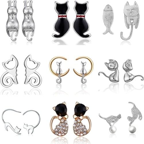 Fashion Cute Animal Stud Earrings Women Girls Minimalist Cat Rhinestone Stud Earrings Hollow Playing Kitten Brincos Jewelry Gift