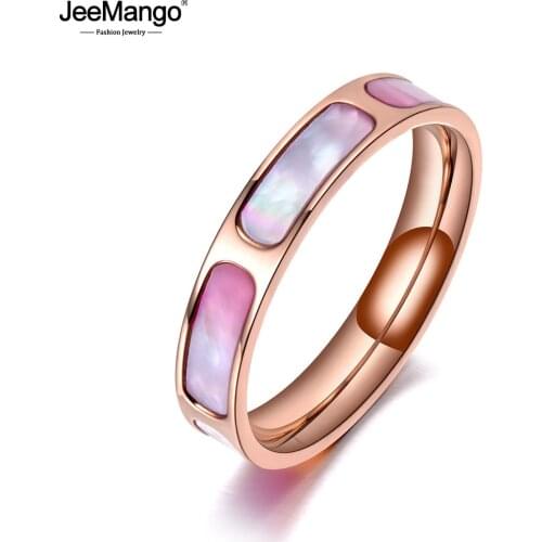 JeeMango Trendy Titanium Stainless Steel Wedding Rings For Women Rose Gold Shell CZ Crystal Female Engagement Jewelry JR19072