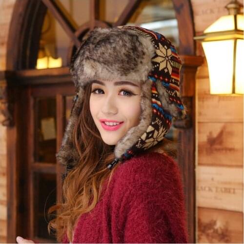 Super Warm Knitted Bomber Hat For Women Men Outdoor Wind Prevent Russian Hat Snowflower Trapper Hat Deer Earflap Hat Cap