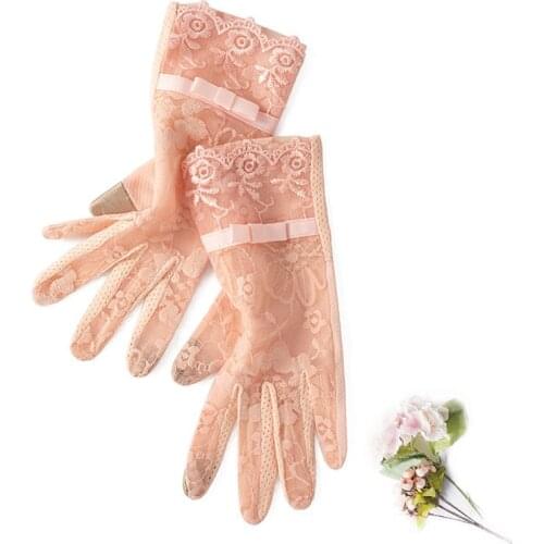 Summer Ice Silk Sunscreen Gloves Korean Female Thin Lace Bow Touch Screen Wedding Dress Non Slip UV Cycling Driving Mittens J52