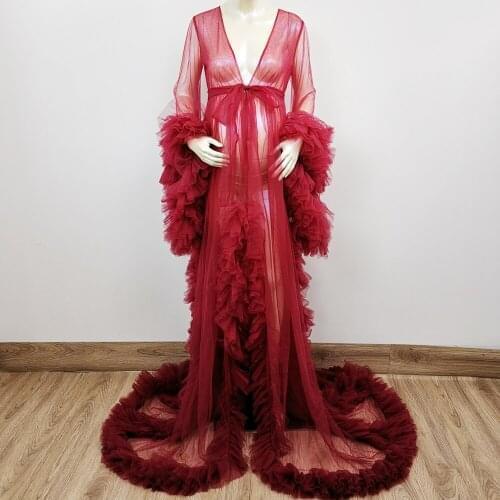 Soft Tulle Maternity Long Sleeves Floral Dress Pregnancy Gown Photo Shoot Robe for Woman Photography Prop Baby Shower Gift