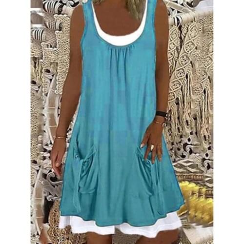 Fake Two Pieces Summer Women Dress Pockets Decorated Sleeveless Beack Dress Solid Loose Beachwear Holiday Female Vestidos