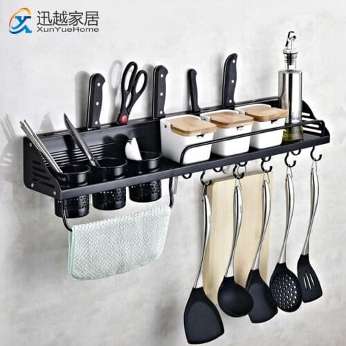 Wall Kitchen Racks Utensils Seasoning Bottle Knife Hanger Storage Shelves Black Silver Aluminum Spice Holder Accessorie 00KR0101