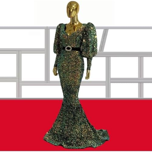 Puffy Sleeves Sequin платье 2021 Mermaid Prom Dresses vestido de fiesta de boda V Neck платья для женщин