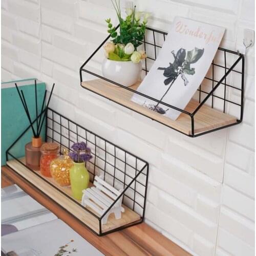 Wall shelving non-perforated solid wood and iron art storage shelf dormitory supplies kitchen and toilet finishing rack