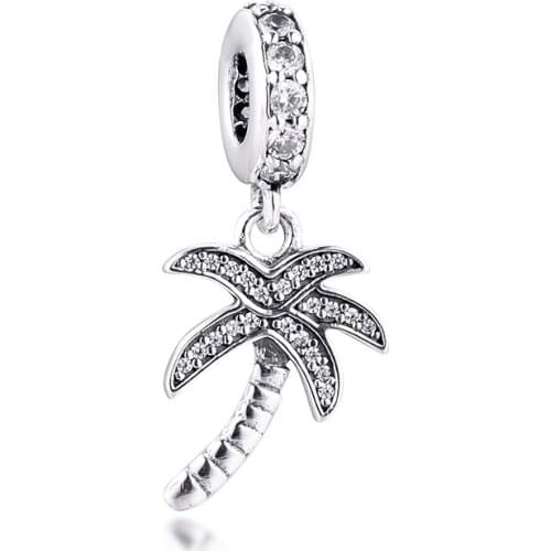 Sparkling Palm Tree Charms 925 Sterling Silver Clear CZ Bead Fits Pandora Bracelets DIY Beads for Jewelry Making kralen