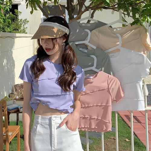 Stitching Fungus Round Neck Short-sleeved T-shirt Women Summer New Korean Style Slim Slim Short Top