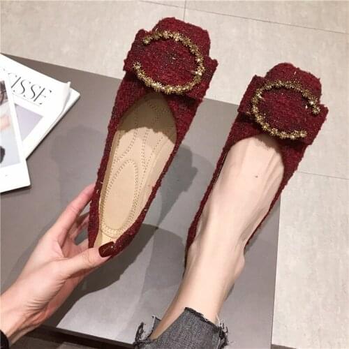 Fashion Ballet Flats 2021 Spring Summer Brand Women Shoes Sequined Cloth Metal Button Shallow Square Toe Flat Loafers Zapatillas