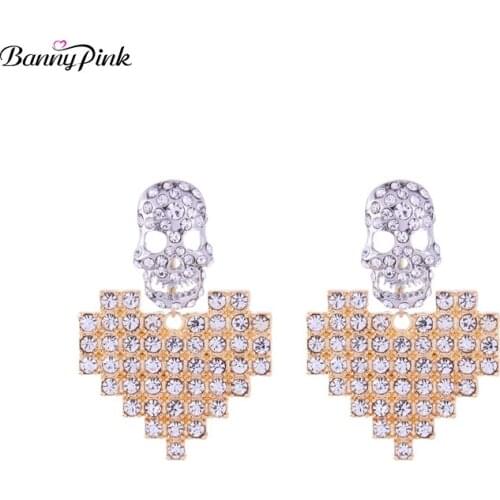 Banny Pink Sexy Rhinestone Heart Studs Earrings For Women New Punk Skeleton Post Earrings New Pendant Earrings Fashion Jewelry