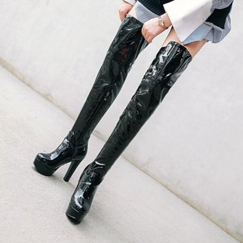 Thigh High Boots Women Sexy High Heels Platform Over-the-Knee Boot Female Red Round Toe Zipper High Dance Fetish Shoes Big Size