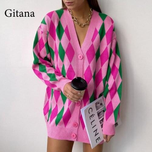 Gitana Plaid Knitted Sweaters Cardigan for Women V Neck Long Sleeve Buttons Oversize Cardigan Casual Sueters De Mujer