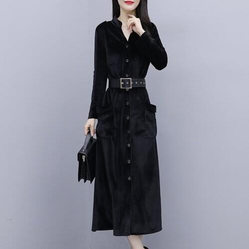 Autumn Black Velvet Dress Women Korean Style Chic Slim Fit Single Breasted Plus Size V Neck Winter Thick Plush Long Dress 2020