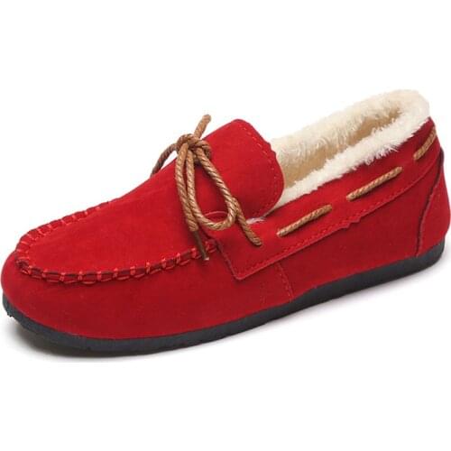 Winter Warm Women Shoes Suede Plus Velvet Warm Flat Shoes Solid Color Cotton Shoes Female Non-Slip Peas Shoes