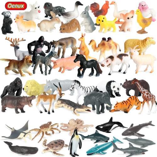 Oenux Zoo Animals Model Wild Tiger Lion Deer Sealife Shark Whale Farm Pig Hen Cow Dog Action Figures Family Set Lovely Kids Toy