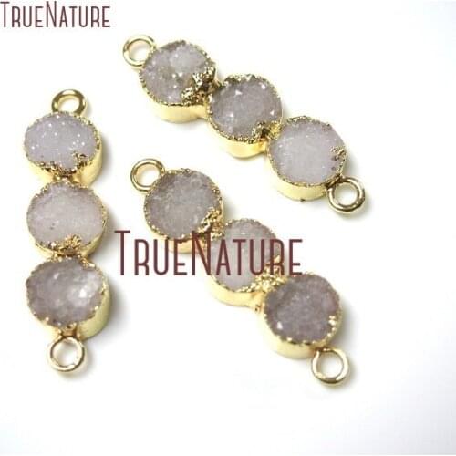 10Pcs White Druzy Crystal Double Bail Pendant Three Gold Electroplated Circle Double Bail Pendant 10x35mm PC143