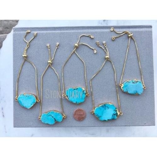 Freeform Turquoises Connector Bracelet Gold Electroplated Chain Link Turquoises Slice Bracelet In Adjustable BM11247