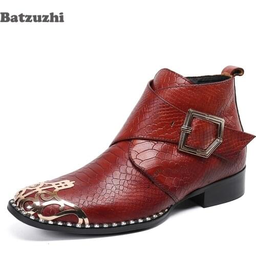 Batzuzhi Western Cool Mens Boots Shoes Special Metal Toe Genuine Leather Ankle Boots Men Buckle Zip Botas Hombre, Big Size 6-12