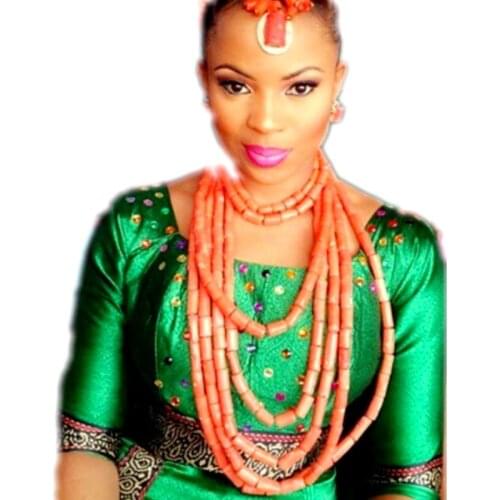 Edo Traditional Wedding Jewelry Earrings Bracelet and Necklace Set Orange Nature African Nigerian Coral Beads Jewelry Set 2018