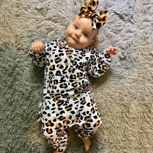 Newborn Infant Baby Boys&Girls Clothes Long Sleeve Leopard Print Romper Jumpsuit Hairband Outfits 6 12 18 24 Months pyjama bebes
