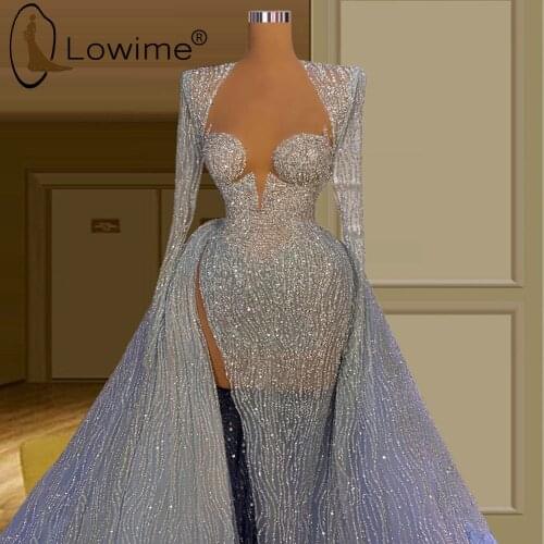 Dubai Sparkly Lavender Metal Spraying Mermaid Evening Dresses 2021 Sexy Illusion Muslim Long Sleeve Prom Patry Gowns Customized