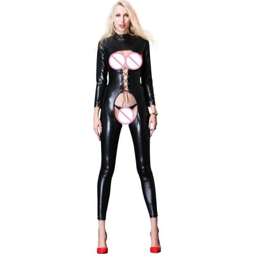Hot Sexy Lingerie Women Leather Costume PVC Jumpsuit Latex Catsuit Sexy Game Bodysuit Clubwear Lace Jumpsuit Crotch Zipper