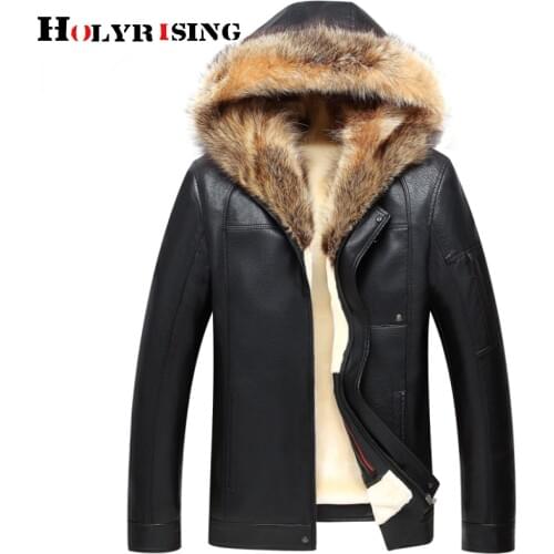Holyrising real Raccoon fur Hood Men Faux Leather Jackets Thick winter PU jacket chaqueta moto hombre leather jacket men 19065